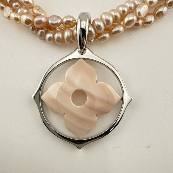 Honora Pearl Necklace Floral Flower Sterling Silver Pink Pendant Triple Strand - Picture 4 of 16